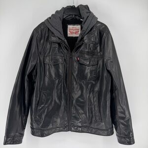Levi's Faux Leather Sherpa Bomber Double Zip Hooded Jacket Mens Large Black
